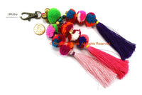 Luxury Pom Pom Tassels - Handmade Multi-colored Pom Pom Long Silk Tassels with Spring Clip - Boho Long Tassels - Bag Tassels - BK26U