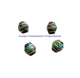 2 BEADS Tibetan Bicone Shape Brass Beads with Lapis, Turquoise Inlays - TibetanBeadStore Brass Inlay Beads- Tibetan Beads - B3520-2