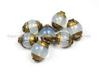 10 BEADS - Small Tibetan Milky Quartz Beads with Repousse Brass Caps- Handmade Ethnic Nepal Tibetan Beads by TibetanBeadStore- B2920-10