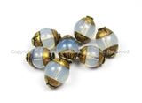 4 BEADS - Small Tibetan Milky Quartz Beads with Repousse Brass Caps- Handmade Ethnic Nepal Tibetan Beads by TibetanBeadStore- B2920-4