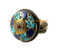 Beautiful Handmade Tibetan Statement Ring with Turquoise, Lapis & Coral Inlays - Ethnic Chunky Inlay Ring - R344