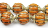 1 BEAD LARGE Melon-Cut Tibetan Amber Resin Tibetan Bead with Thick Metal Wires & Caps- TibetanBeadStore Ethnic Tribal Beads- B2898-1