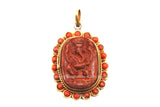 Ethnic Nepalese Four-Armed Red Ganesh Pendant with Coral Inlaid Border - Oval Red Ganesha Pendant - Yoga Handmade Ganesh Pendant - WM7732