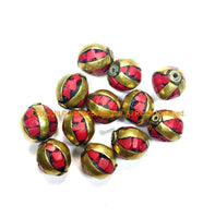 Tibetan Beads - 2 BEADS Coral and Brass Inlaid Beads - Handmade Beads - Gemstone Inlaid Beads from Nepal - B3235C-2