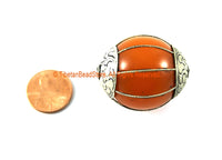 BIG Tibetan Amber Resin Bead with Tibetan Silver Wire & Repousse Carved Floral Caps - 29mm x 35mm Ethnic Amber Color Resin Beads - B3302