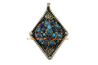 Tibetan Pendant Ethnic Filigree Diamond Kite-shape Nepal Tibetan Pendant with Lapis, Turquoise Bead Inlays - Handmade Jewelry - WM7711