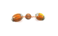 2 BEADS - BIG Tibetan Amber Color Resin Beads with Tibetan Silver Wire & Caps - Ethnic Tibetan Amber Color Resin Beads - B3312-2 - TibetanBeadStore