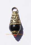 2 PENDANTS Ethnic Tibetan Black Onyx Charm Pendant with Brass Caps & Red Copal Coral Accent - Black Onyx Drop Charm Pendant- WM3594-2