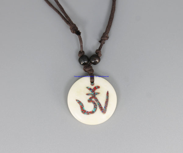Tibetan OM Mantra Bone Pendant on Adjustable Cord - OHM Aum Om - Ethnic Tribal Handmade Unisex Boho Jewelry - WM7936