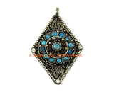 Ethnic Filigree Diamond Kite-shape Nepal Tibetan Pendant with Turquoise, Garnet Inlays - Ethnic Handmade Jewelry Filigree Pendant - WM7706