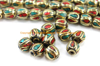10 BEADS Turquoise, Coral, Brass Inlaid Beads - Tibetan Beads Inlaid Beads Tribal Beads - Handmade Beads - TibetanBeadStore - B3235F-10