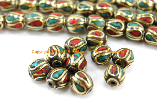 10 BEADS Turquoise, Coral, Brass Inlaid Beads - Tibetan Beads Inlaid Beads Tribal Beads - Handmade Beads - TibetanBeadStore - B3235F-10