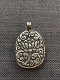 92.5 Sterling Silver & Carved Buddha Head Tibetan Pendant - Repousse Handcarved Silver Lotus Floral Border Set Moonstone Buddha - SS8026