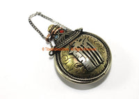 Kalachakra Mantra Tibetan Brass Snuff Perfume Bottle Pendant with Glass Bead Inlays - 38mm x 50mm - Ethnic Tribal 3 Metals Pendant - WM7266