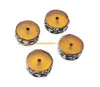 1 BEAD - Tibetan Amber Color Resin Beads with Repousse Tibetan Silver Rings - Ethnic Nepal Tibetan Tribal Beads - B1030B-1