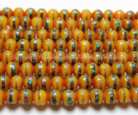 10 BEADS - 10mm wide Tibetan Amber Beads with Turquoise, Coral Inlay - Inlaid Amber Resin Tibetan Beads - LPB16-10