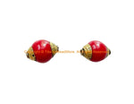 2 BEADS - Tibetan Red Coral Resin Beads with Brass Caps - Nepal Tibetan Beads Pendants Jewelry - TibetanBeadStore - B3523-2