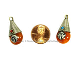 Reversible Ethnic Tibetan Amber Resin Charm Pendant with Tibetan Silver Wire Cap, Vajra Dorje Design & Bead Inlays - 15mm x 30mm - WM7865