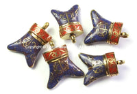 Tibetan Double-Horn Tusk Amulet Pendant with Brass, Lapis & Coral Inlays - Boho Tribal Ethnic Tibetan Double Horn Amulet - WM4229