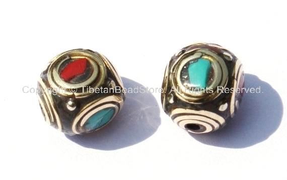 2 beads - Tibetan Beads - Cube Circle Beads with Brass, Turquoise & Copal Coral Inlays - B281