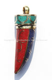 Tibetan Horn Tusk Amulet Pendant with Brass, Turquoise, Lapis & Coral Inlays - Boho Tribal Ethnic Tibetan Nepalese Horn Amulet - WM5018