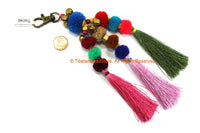 Luxury Pom Pom Tassels - Handmade Multi-colored Pom Pom Tassels with Spring Clip - Boho Long Tassels - Silk Tassels Bag Tassels - BK26G