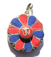 Tibetan OM Mantra Flower Ghau Prayer Box Amulet Pendant with Lapis & Coral Inlays - Tibetan OM Pendant - Handmade Tibetan Jewelry - WM5165MC
