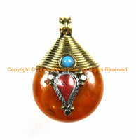 2 PENDANTS Reversible Ethnic Tibetan Amber Color Resin Pendants with Brass Wire Cap, White Metal, Turquoise & Coral Inlays - WM3749B-2
