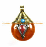 2 PENDANTS Reversible Ethnic Tibetan Amber Color Resin Pendants with Brass Wire Cap, White Metal, Turquoise & Coral Inlays - WM3749B-2