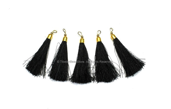 5 TASSELS Black Tassels with Gold Toned Brass Cap - Quality Boho Tassels Bag Tassels Earring Tassels - Craft Tassels - T218-5