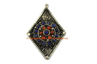 Ethnic Filigree Diamond Kite-shape Nepal Tibetan Pendant with Lapis, Coral Bead Inlays - Ethnic Handmade Jewelry - WM7710