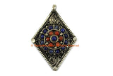 Ethnic Filigree Diamond Kite-shape Nepal Tibetan Pendant with Lapis, Coral Bead Inlays - Ethnic Handmade Jewelry - WM7710
