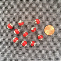 2 BEADS Tibetan Red Coral Color Copal Resin Beads with Floral Repousse Caps - Tibetan Handmade Beads - Red Coral Color Beads - B3458-2