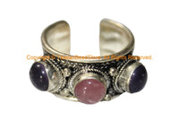 Tibetan Adjustable 3 Stone Ring (Amethyst, Rose Quartz) - Handmade Ethnic Ring Boho Ring Statement Ring Tibetan Jewelry- R345G