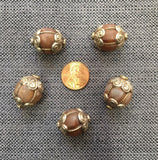 2 BEADS Ethnic Tibetan Carnelian Beads with Repousse Metal Caps & Wires - Melon Cut Carnelian Beads - Tibetan Focal Beads - B3352-2