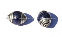 2 BEADS - Tibetan Lapis Beads with Tibetan Silver Caps - Ethnic Nepal Tibetan Beads - B1005S-2