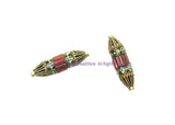 1 BEAD LARGE Quality Ethnic Tribal Tibetan Long BiCone Beads with Brass, Turquoise, Coral Inlays - Handmade Tibetan Beads - B3506-1