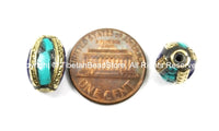 2 BEADS Nepal Tibetan Beads with Brass, Turquoise, Lapis Inlays - TibetanBeadStore - Brass Inlay Beads Nepal Tibetan Beads B2752-2