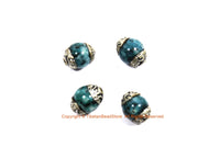 4 BEADS - Tibetan Blue Beads with Repousse Floral Tibetan Silver Caps 8mm - Handmade Tibetan Jewelry & Beads by TibetanBeadStore - B3452-4