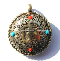 Tibetan Kalachakra & Om Mantra Reversible Filigree Brass Pendant with Colored Bead Inlays - Nepal Tibet Buddhist Yoga Jewelry - WM4779