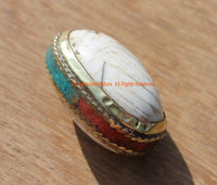 Ethnic Tibetan Naga Conch Shell Oval Bead with Brass Rings, Turquoise & Coral Inlays - 1 bead - Artisan Handmade Beads - B1891