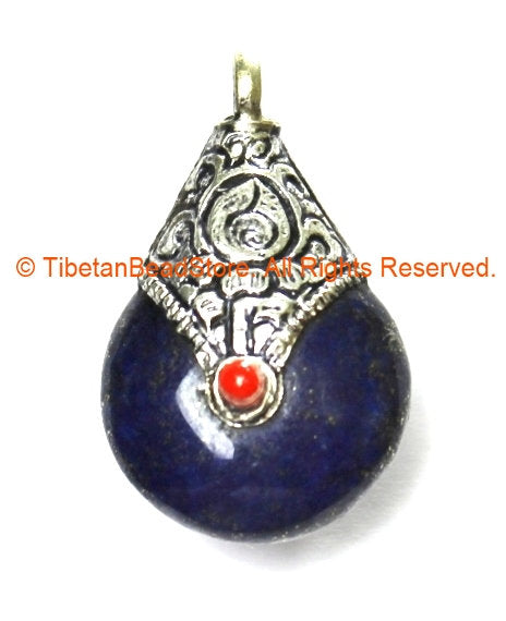 Small Tibetan Lapis Amulet Pendant with Tibetan Silver Caps & Red Coral Accent - Ethnic Lapis Amulet Pendant with Repousse Cap - WM3584B