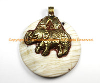 LARGE Ethnic Tribal Tibetan Naga Conch Shell Disc Pendant with Repousse Brass Elephant & Monkey Details - TibetanBeadStore - WM7184