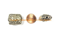2 BEADS Tibetan Beads - Repousse Carved Animal Details Focal Tibetan Metal Beads - Unique Ethnic Handmade Tibetan Beads - B2418S-2