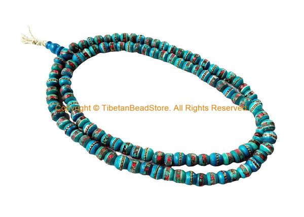108 BEADS 8mm Tibetan Turquoise Color Bone Mala Prayer Beads with Turquoise, Coral & Metal Inlays - Tibetan Green Bone Mala Beads - PB148T