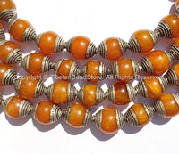 10 BEADS - Tibetan Amber Color Resin Beads with Tibetan Silver Caps - Ethnic Tribal Tibetan Beads - B2135S-10