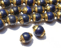 2 BEADS - Tibetan Small Lapis Beads with Repousse Brass Caps - Ethnic Tribal Artisan Handmade Nepalese Tibetan Beads - B2576-2