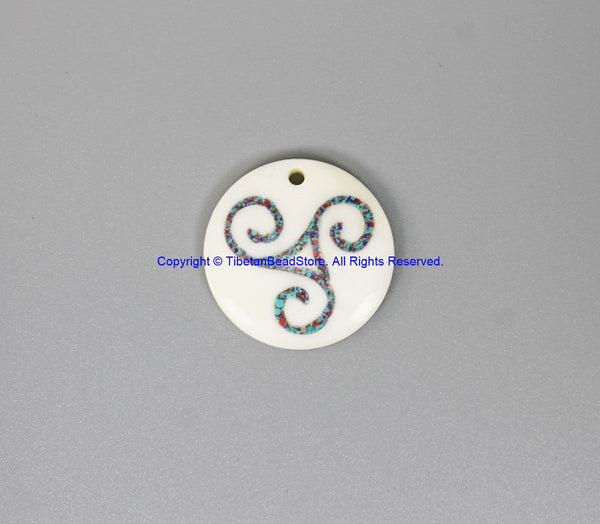 Tibetan Triskele Triskelions Design Bone Charm Pendant with Turquoise, Coral Inlays - Handmade Bone Pendant- WM7928-1