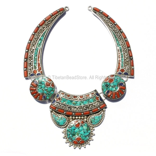 Ethnic Tibetan Necklace Bead Set with Lapis, Turquoise & Coral Inlays - DIY Necklace - Ethnic Tribal Tibetan Jewelry - N151
