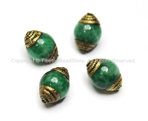 4 BEADS - Tibetan Green Jade Beads with Repousse Brass Caps - Tibetan Beads Ethnic Nepal Tibetan Artisan Handmade Beads - B1820B-4